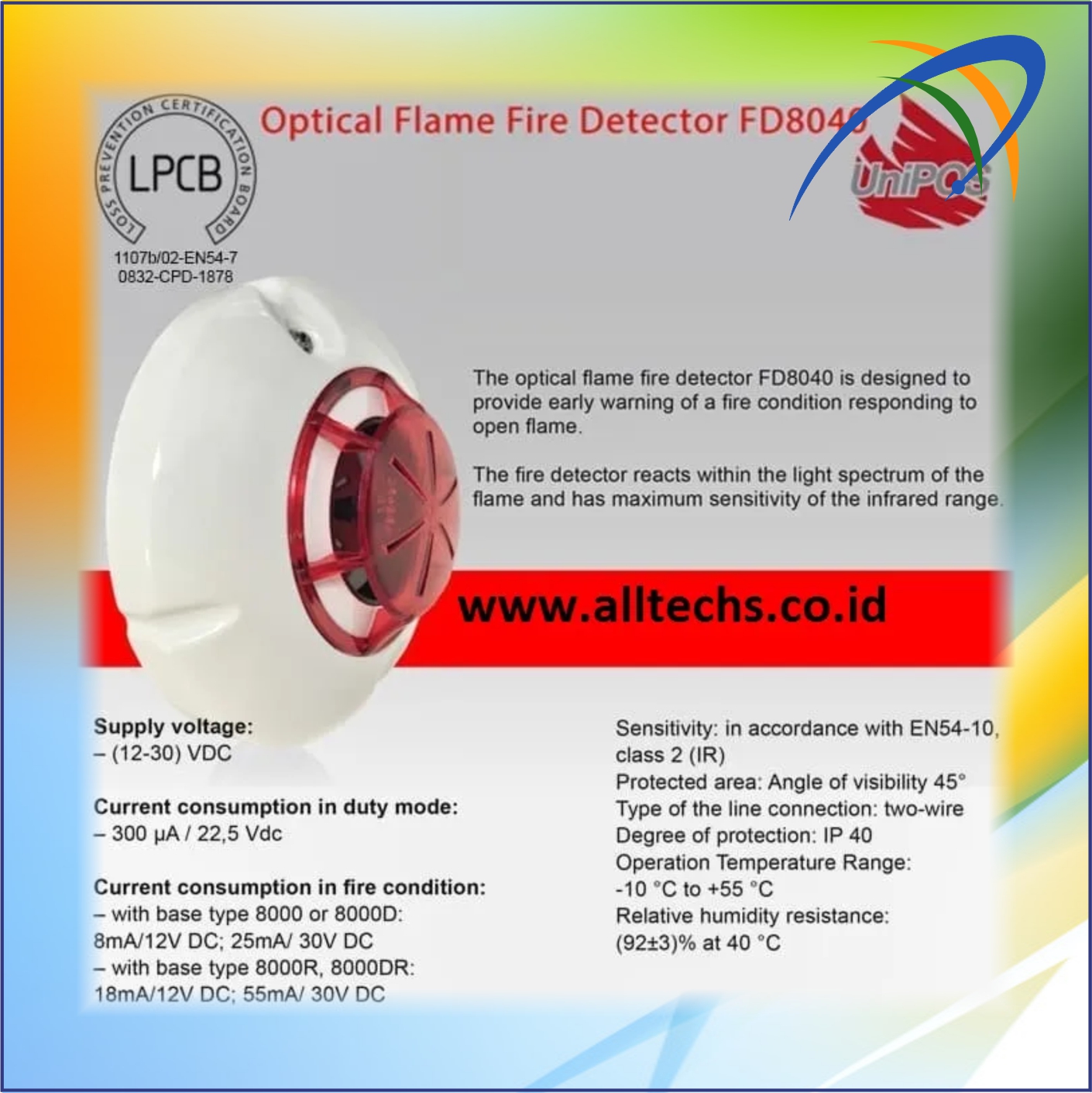 Instalasi & Pengadaan Fire Alarm-UniPos-Conventional-Flame Detector-FD8040 Incl.with Base Fire - PT. ALLTECHS SOLUSINDO